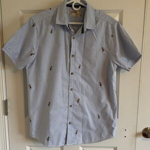 Free Planet Size M Men's Hula Girl Blue & White Short Sleeve Button Down Shirt